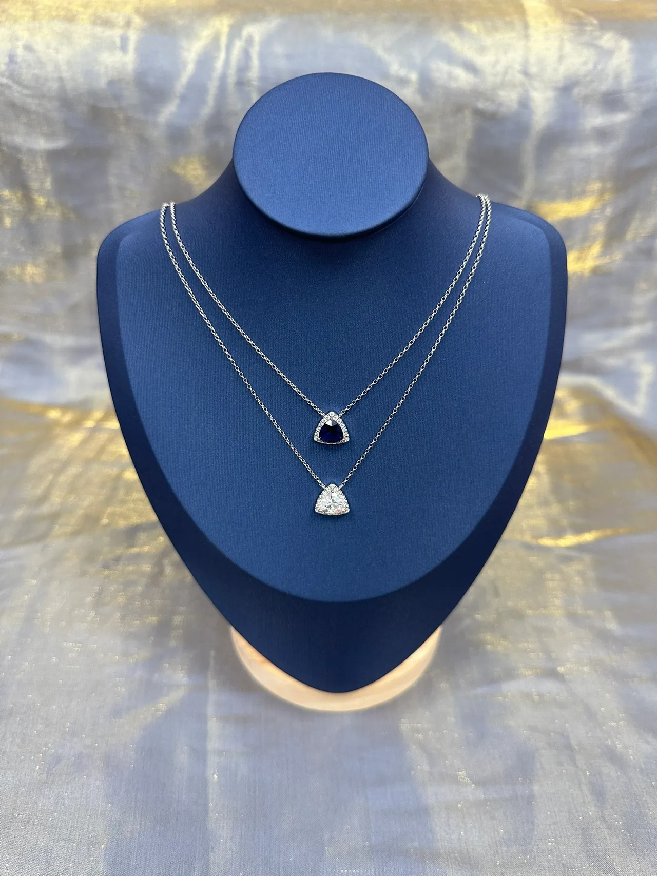 Triangular Halo-Set Blue Gemstone Pendant Necklace 6