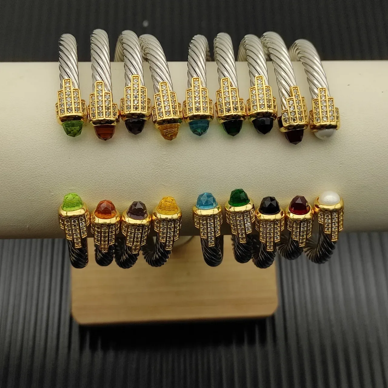 Twisted Cable Band Pavé Crystal Gemstone Rings 8