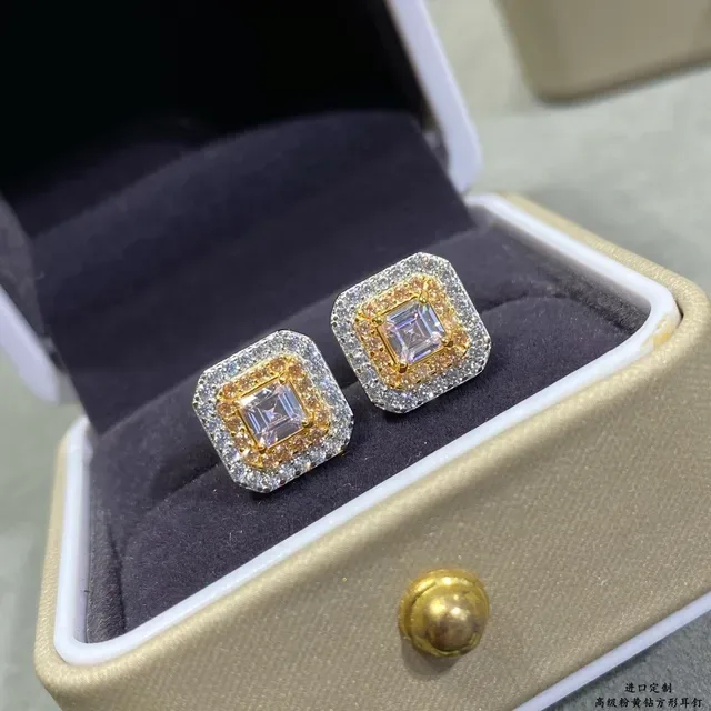 Two-Tone Double Halo Square-Cut Stud Earrings 7