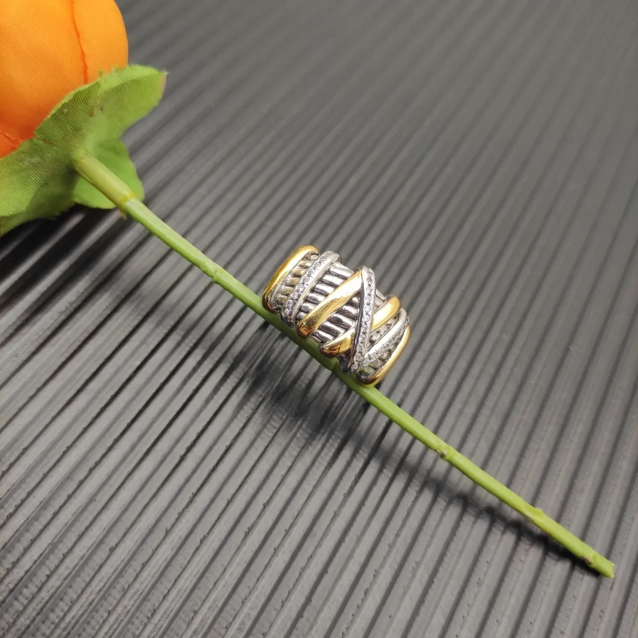 Two-Tone Gold and Silver Pavé Interwoven Cable Motif Ring 5