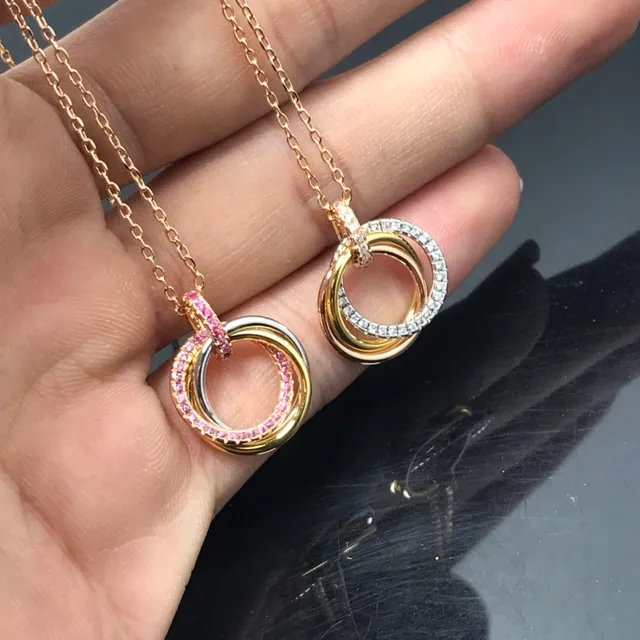 Two-Tone Interlocking Triple-Ring Pavé Gemstone Pendant Necklaces 4