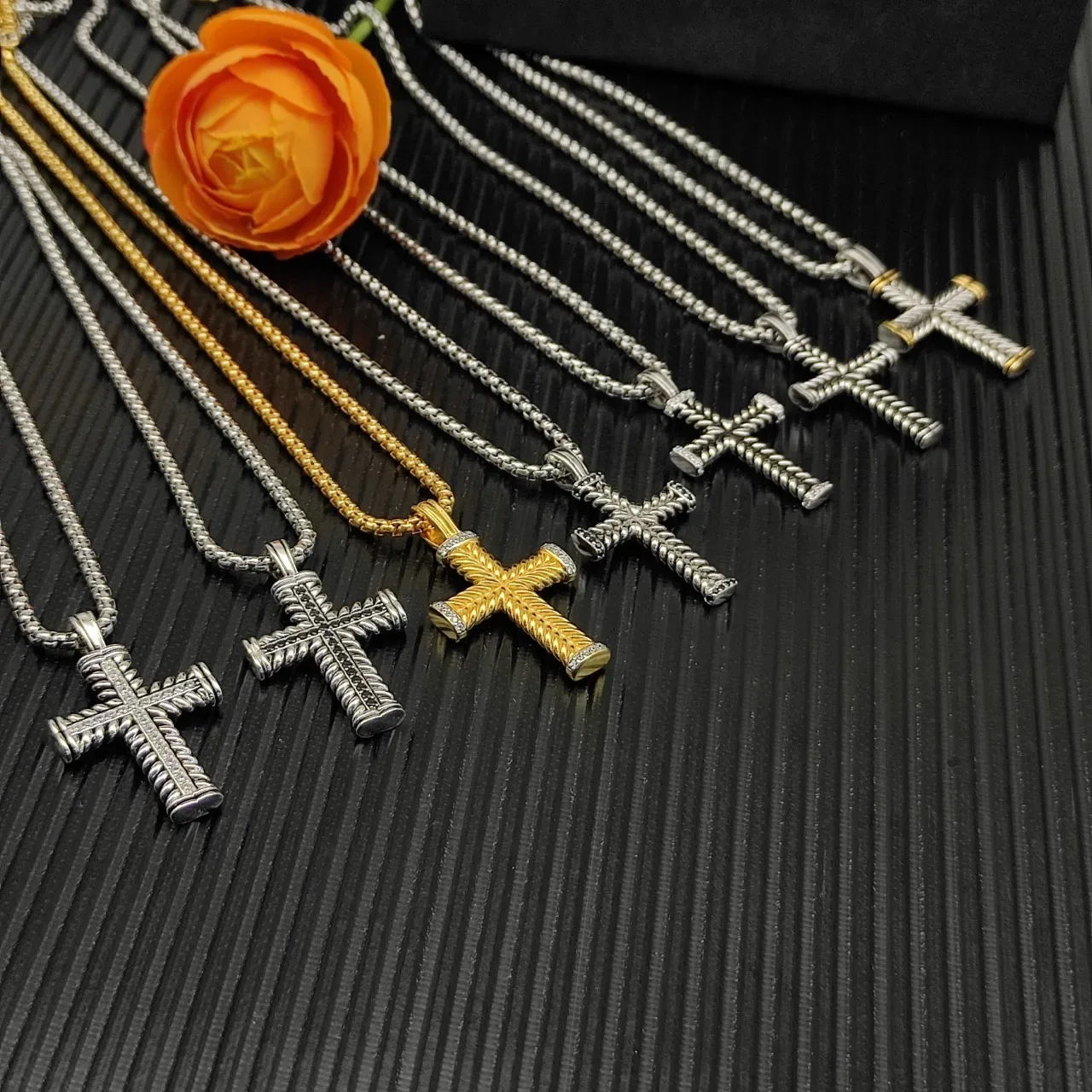 Two-Tone Rope-Textured Cross Pendant Necklace 3