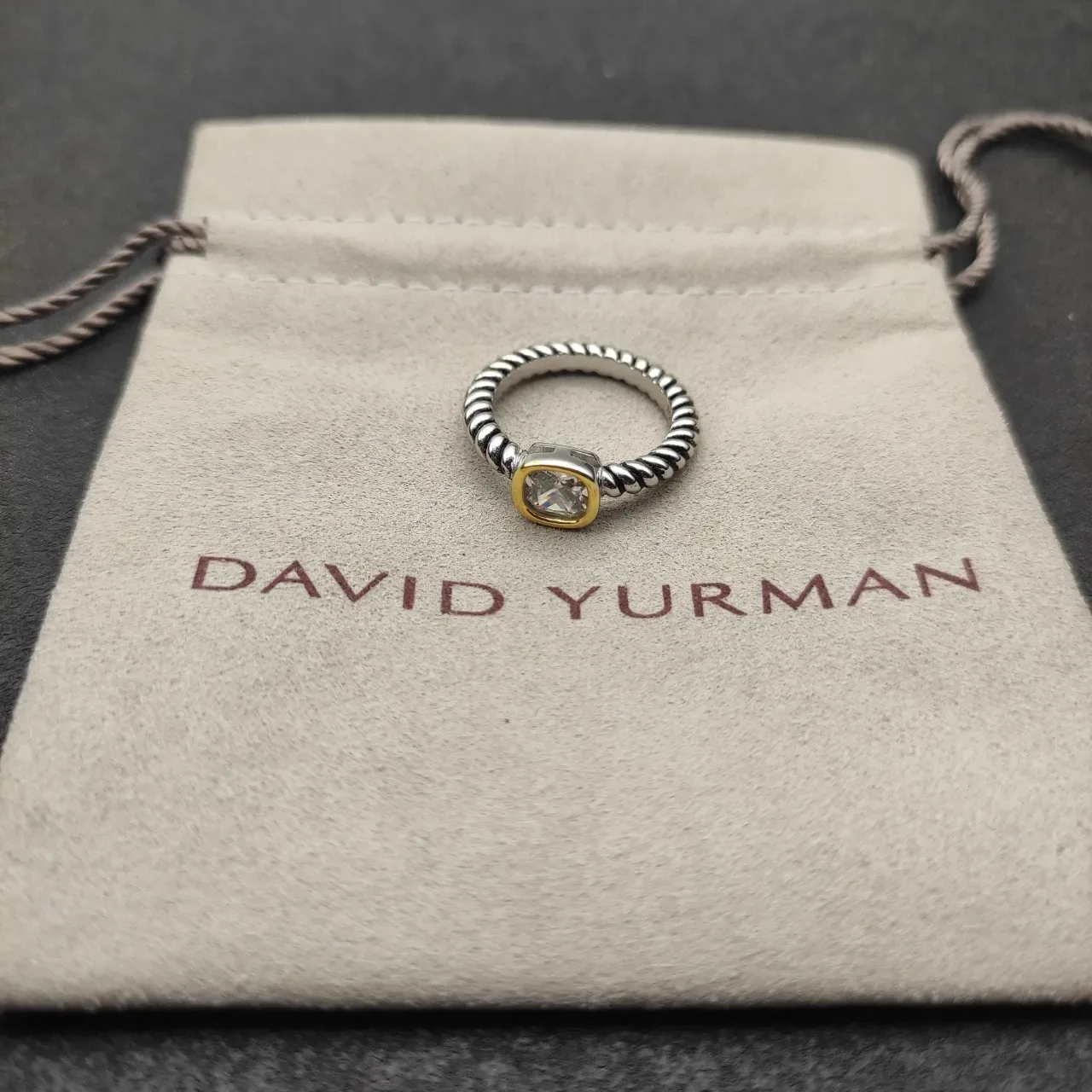 Two-Tone Twisted Rope Band Bezel-Set Cushion-Cut Stone Ring 3