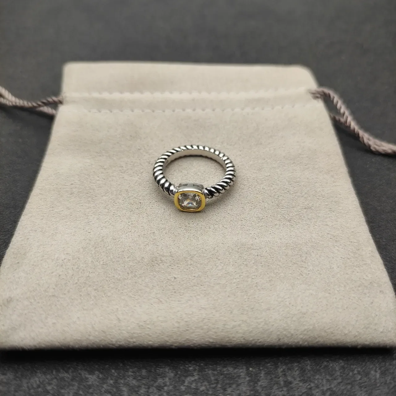 Two-Tone Twisted Rope Band Bezel-Set Cushion-Cut Stone Ring 9