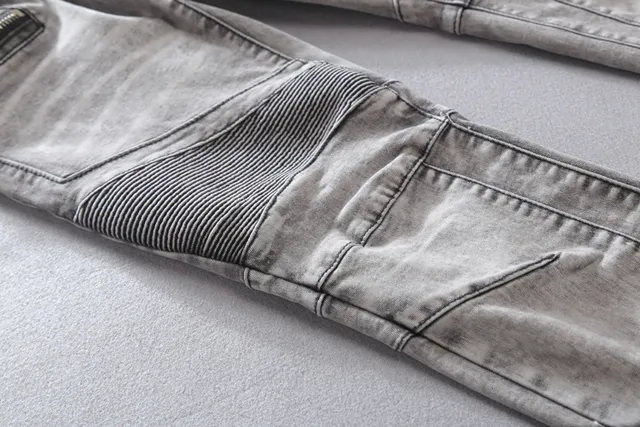 Washed Silver-Gray Zippered Thigh Pocket Moto Panel Jeans 12