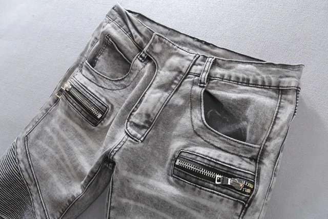 Washed Silver-Gray Zippered Thigh Pocket Moto Panel Jeans 17