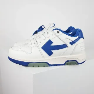 White and Blue Arrow-Logo Low-Top Sneaker