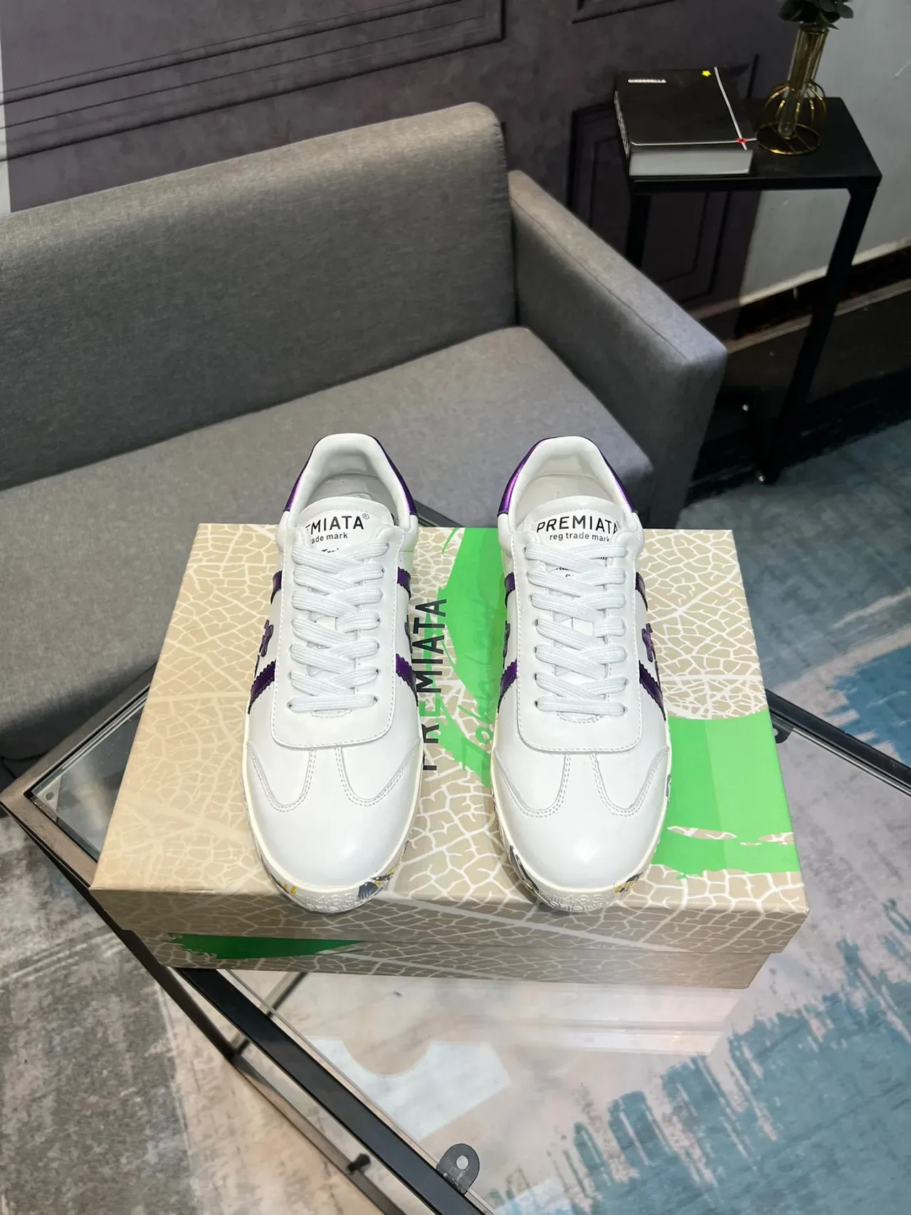White and Metallic Purple Low-Top Lifestyle Sneaker 2