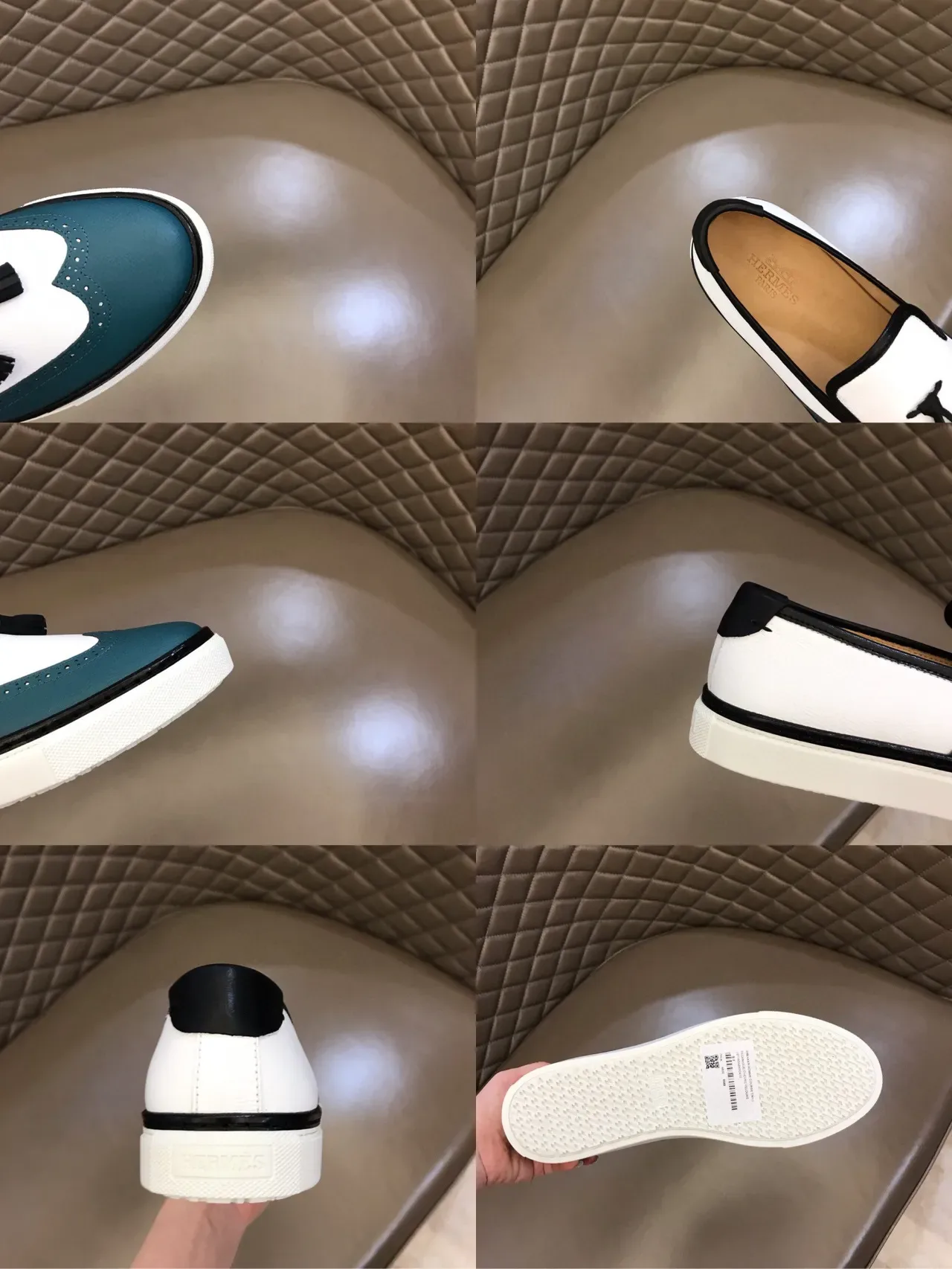 White and Teal Brogue-Perforated Slip-On Platform Loafers 2