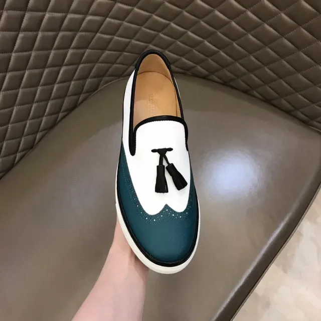 White and Teal Brogue-Perforated Slip-On Platform Loafers 5