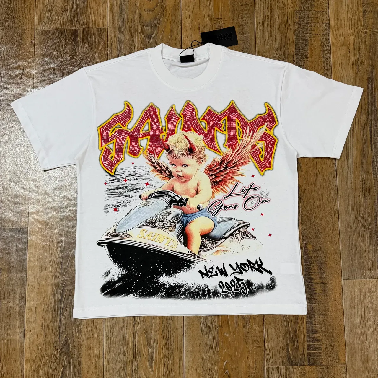 Camiseta de cuello redondo con estampado gráfico blanca y roja 3