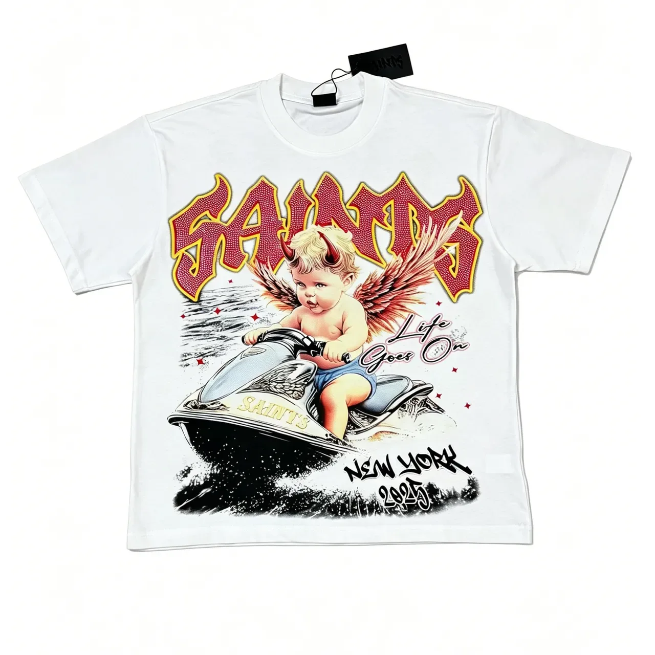 Camiseta de cuello redondo con estampado gráfico blanca y roja 6