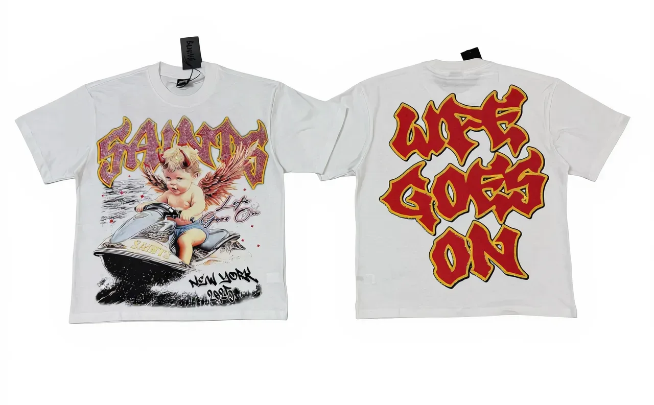 Camiseta de cuello redondo con estampado gráfico blanca y roja 7