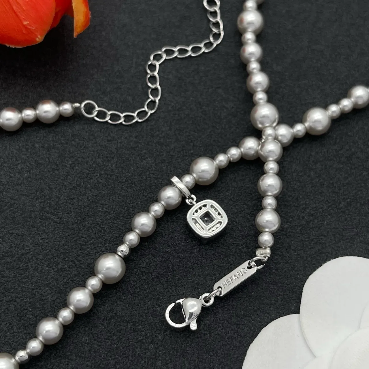 White Silver Pearl Strand Graduated Bead Sizing Necklace 2