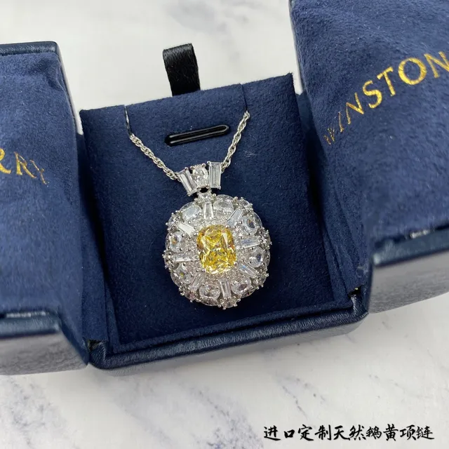 Yellow Silver Halo Cluster Pendant Cushion-Cut Center Necklace 2