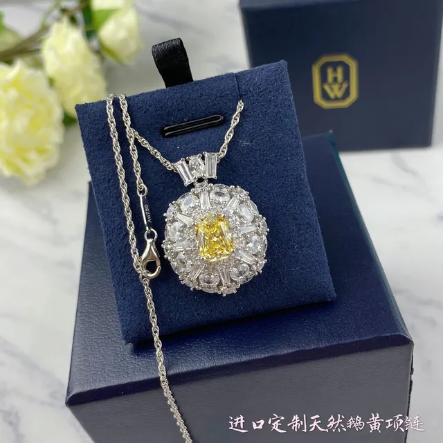 Yellow Silver Halo Cluster Pendant Cushion-Cut Center Necklace 3