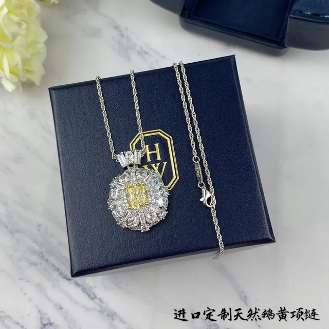 Yellow Silver Halo Cluster Pendant Cushion-Cut Center Necklace 7