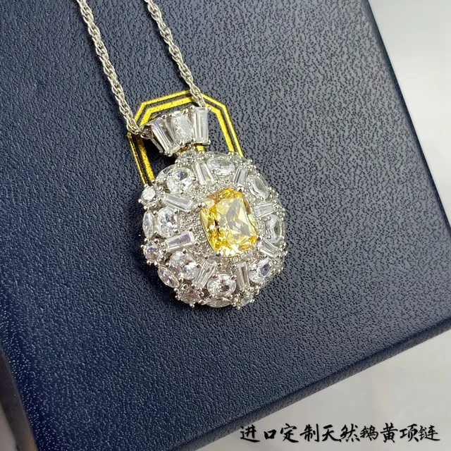 Yellow Silver Halo Cluster Pendant Cushion-Cut Center Necklace 8