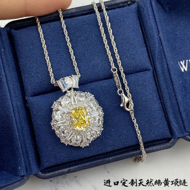 Yellow Silver Halo Cluster Pendant Cushion-Cut Center Necklace 9