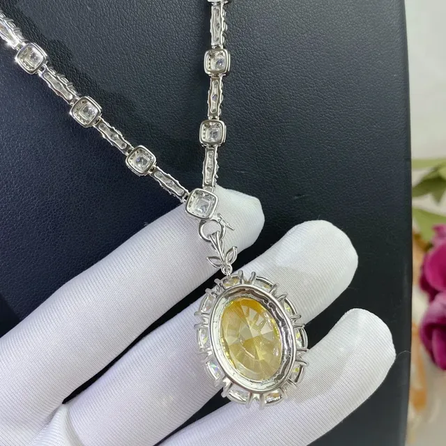 Yellow Silver Oval Center Stone Halo Pavé Setting Necklace 5