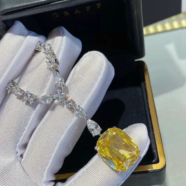 Yellow Silver Y-Shaped Pendant Cushion-Cut Center Stone Necklace 7
