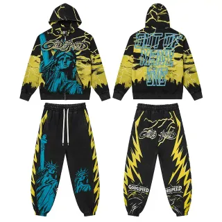Godspeed Black Yellow Graphic-Print Lightning Motif Tracksuit