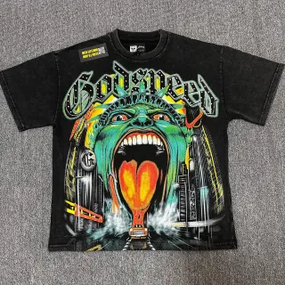 T-shirt noir usé à imprimé graphique Godspeed
