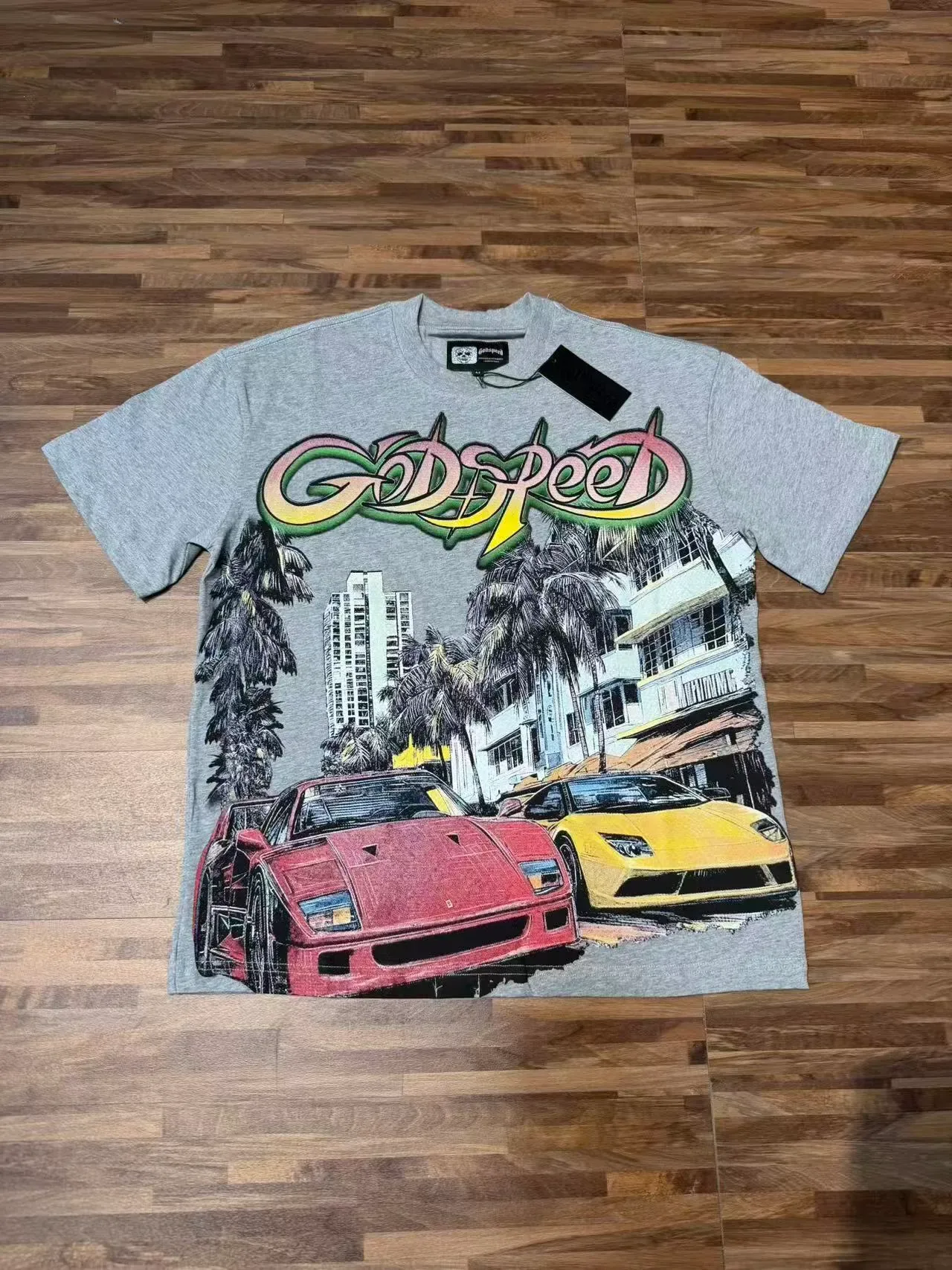 Camiseta oversized cinza mescla com estampa gráfica Godspeed 2