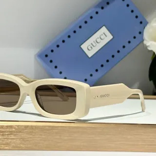 Gucci Beige Brown Rectangular Frame Acetate Construction Sunglasses