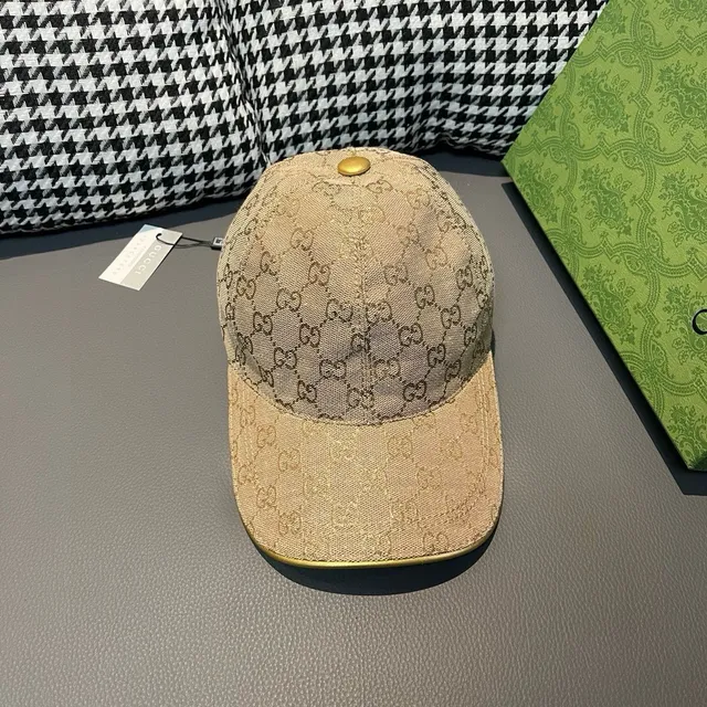 Gucci Beige Gold GG Supreme Monogram Web Stripe Accent Baseball Cap 2
