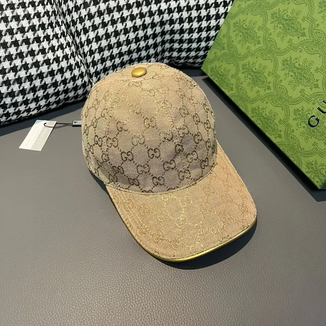 Gucci Beige Gold GG Supreme Monogram Web Stripe Accent Baseball Cap 3
