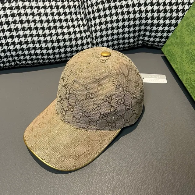 Gucci Beige Gold GG Supreme Monogram Web Stripe Accent Baseball Cap 4