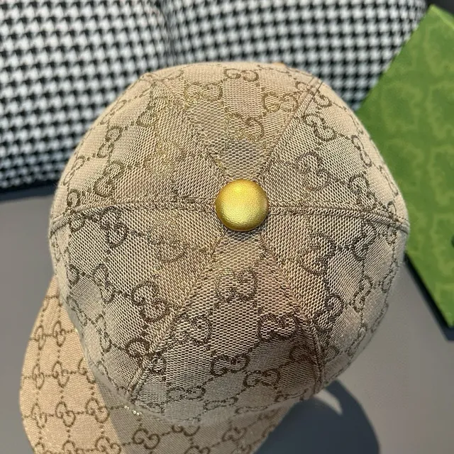 Gucci Beige Gold GG Supreme Monogram Web Stripe Accent Baseball Cap 7