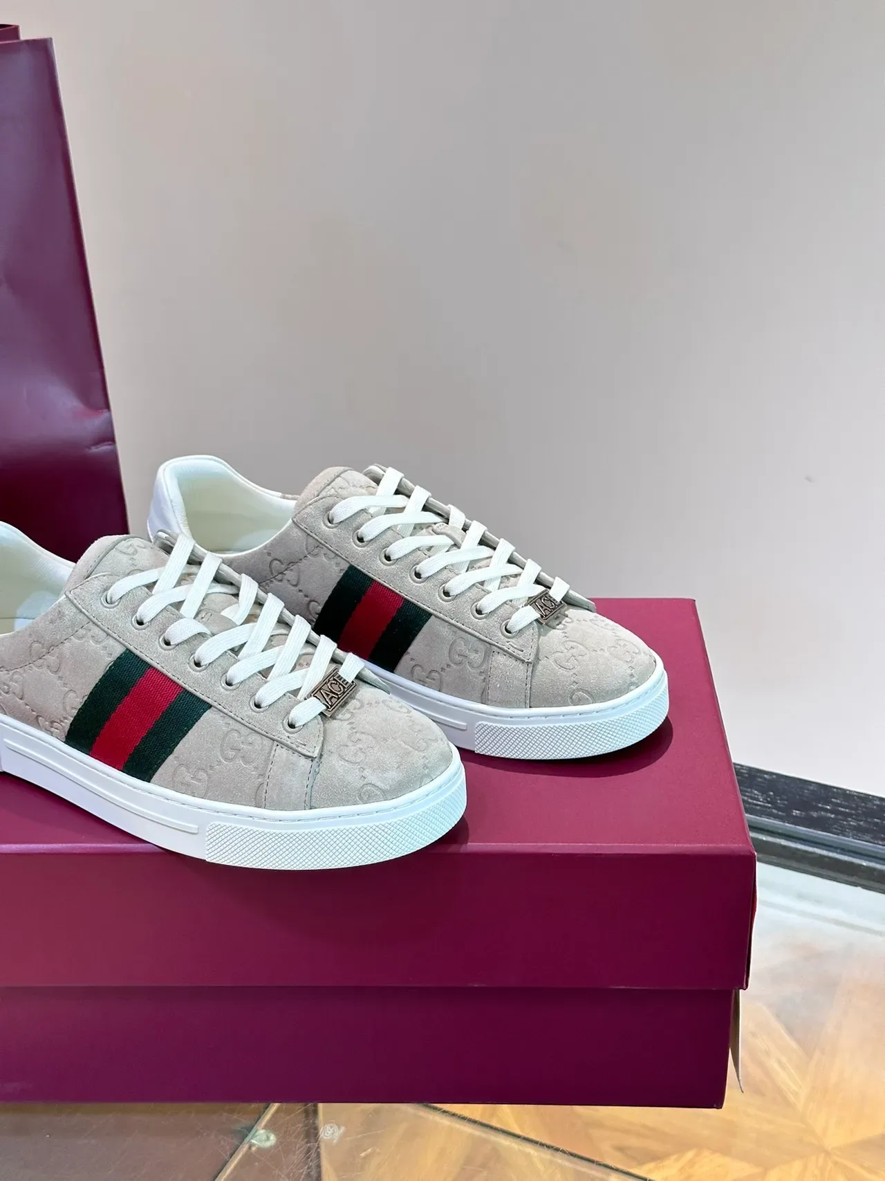 Gucci Beige White Embossed GG Monogram Web Stripe Detail Lifestyle Sneakers 3