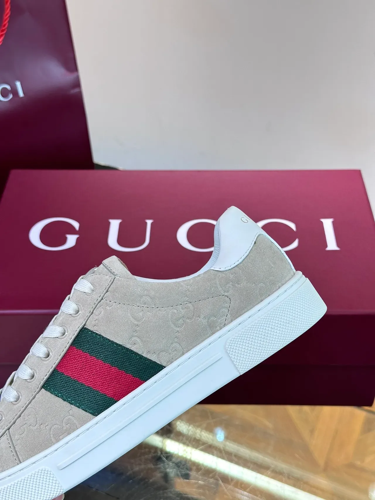 Gucci Beige White Embossed GG Monogram Web Stripe Detail Lifestyle Sneakers 4