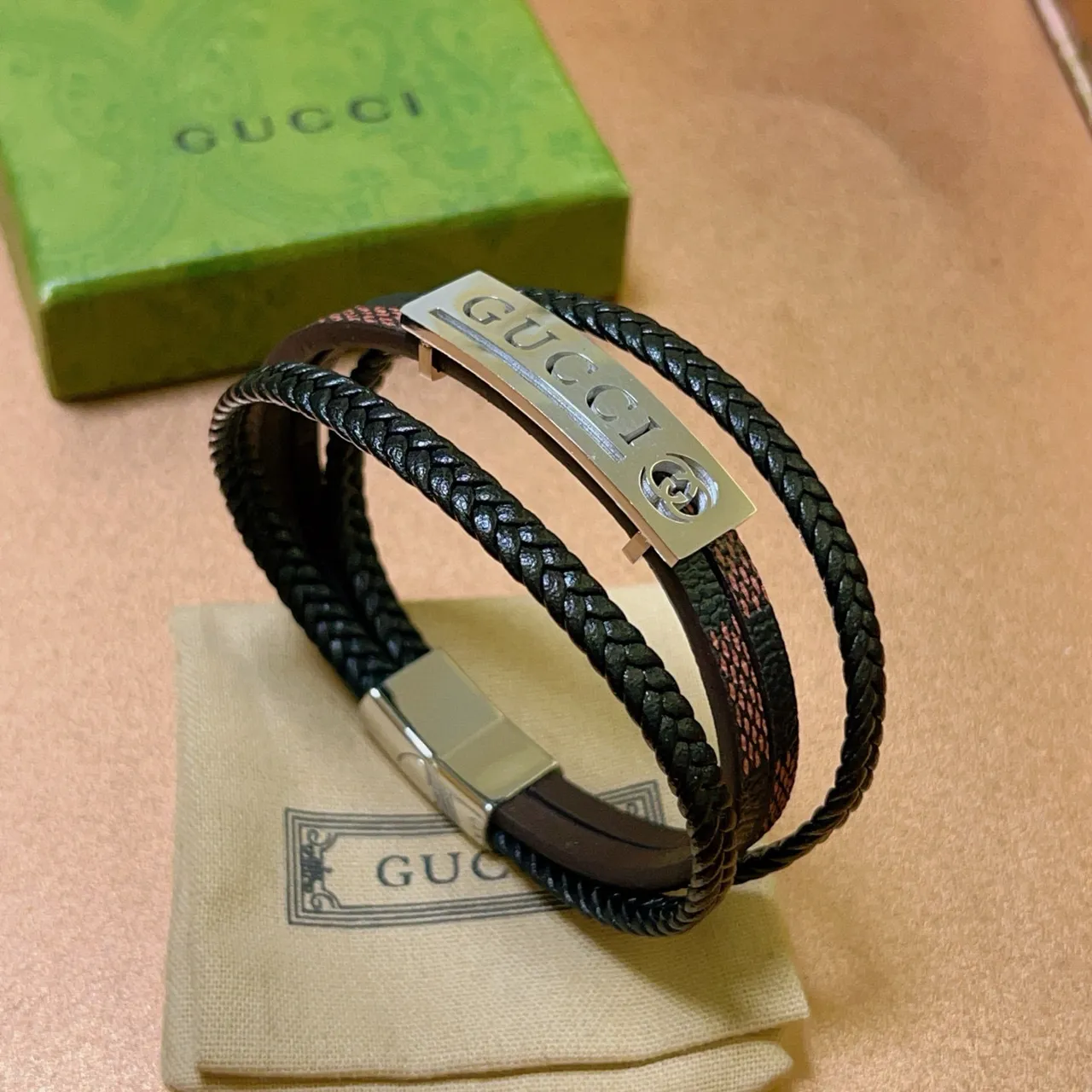 Gucci Black Brown Multi-Wrap Braided Leather Bracelet 3
