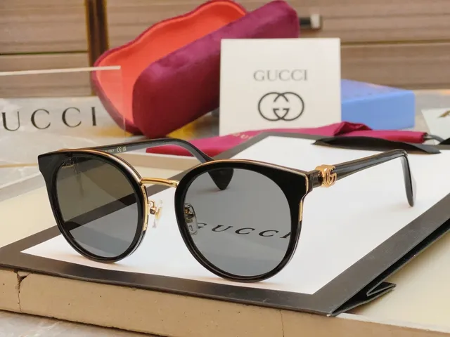Gucci أسود ذهبي عيون قطة مدورة هجين متدرج رمادي عدسات نظارات شمسية 7