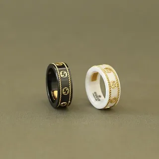 Gucci 黑金陶瓷 Interlocking G Logo 戒指