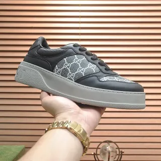 Gucci Zapatos Negros Grises Monograma Lienzo Panel Perforado Contrafuerte del Talón Lifestyle Sneakers