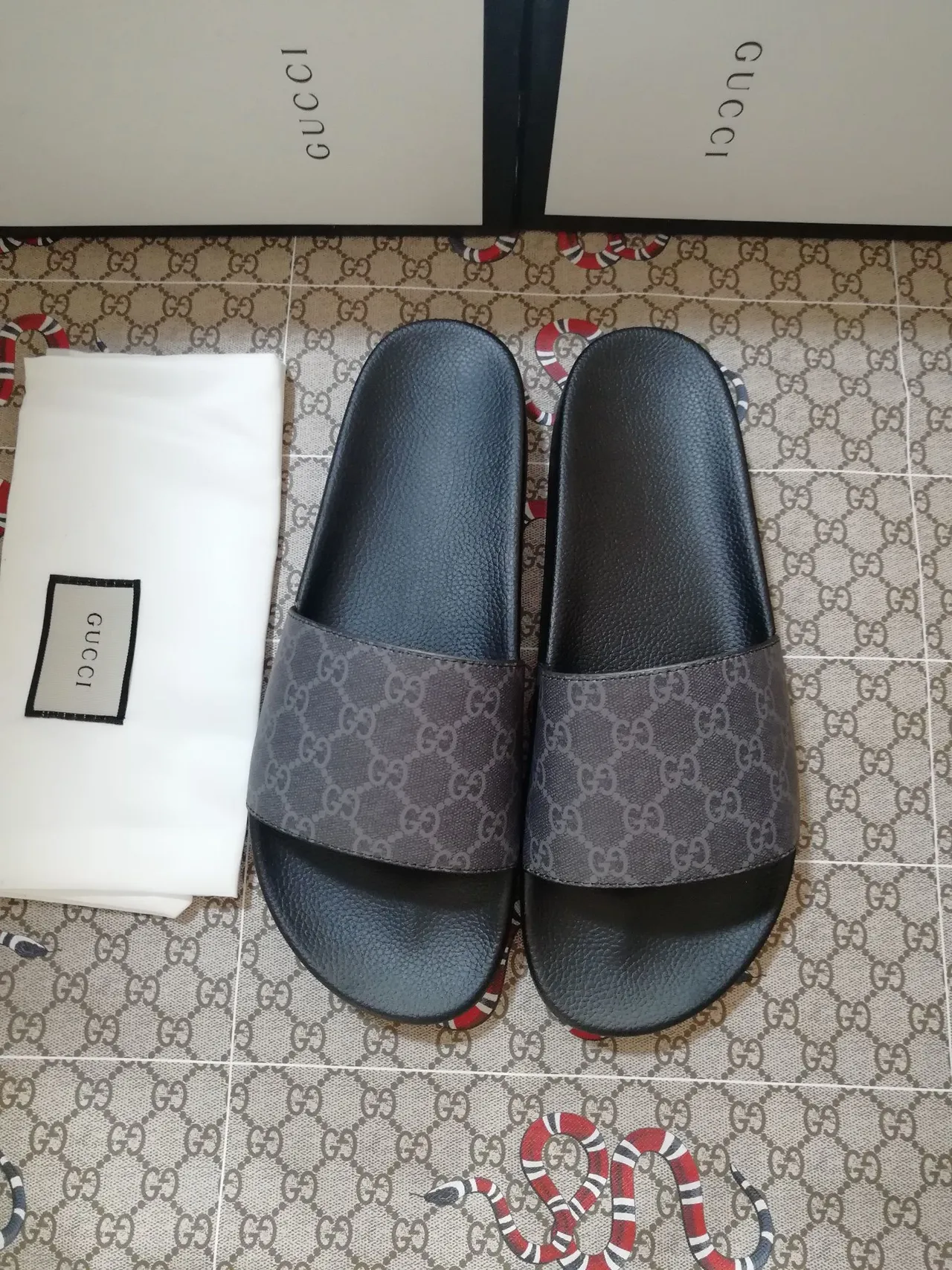 Gucci Black Gray Monogram Strap Molded Rubber Sole Slippers 2