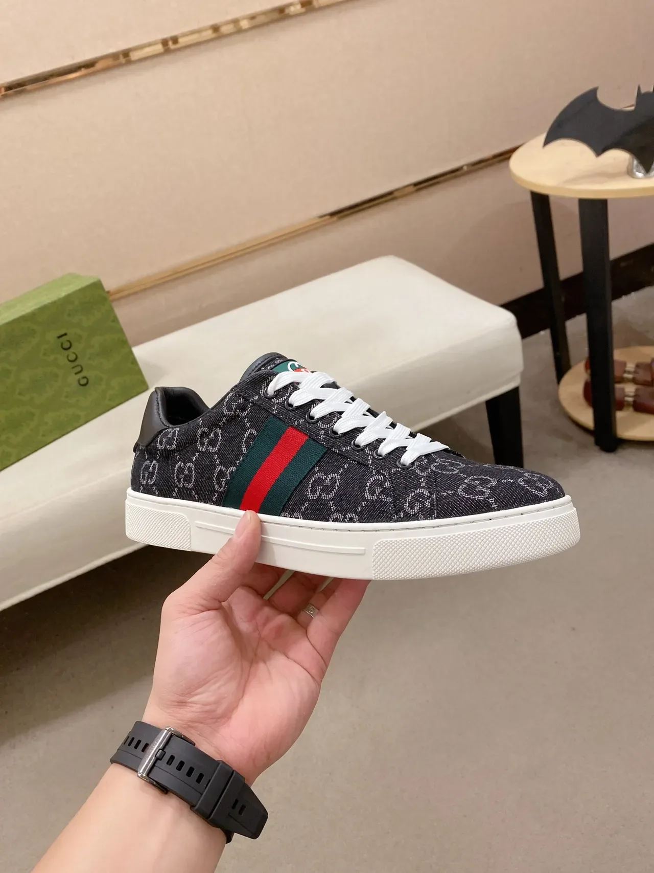 Gucci Black Green GG Monogram Canvas Web Stripe Side Panel Lifestyle Sneakers 4