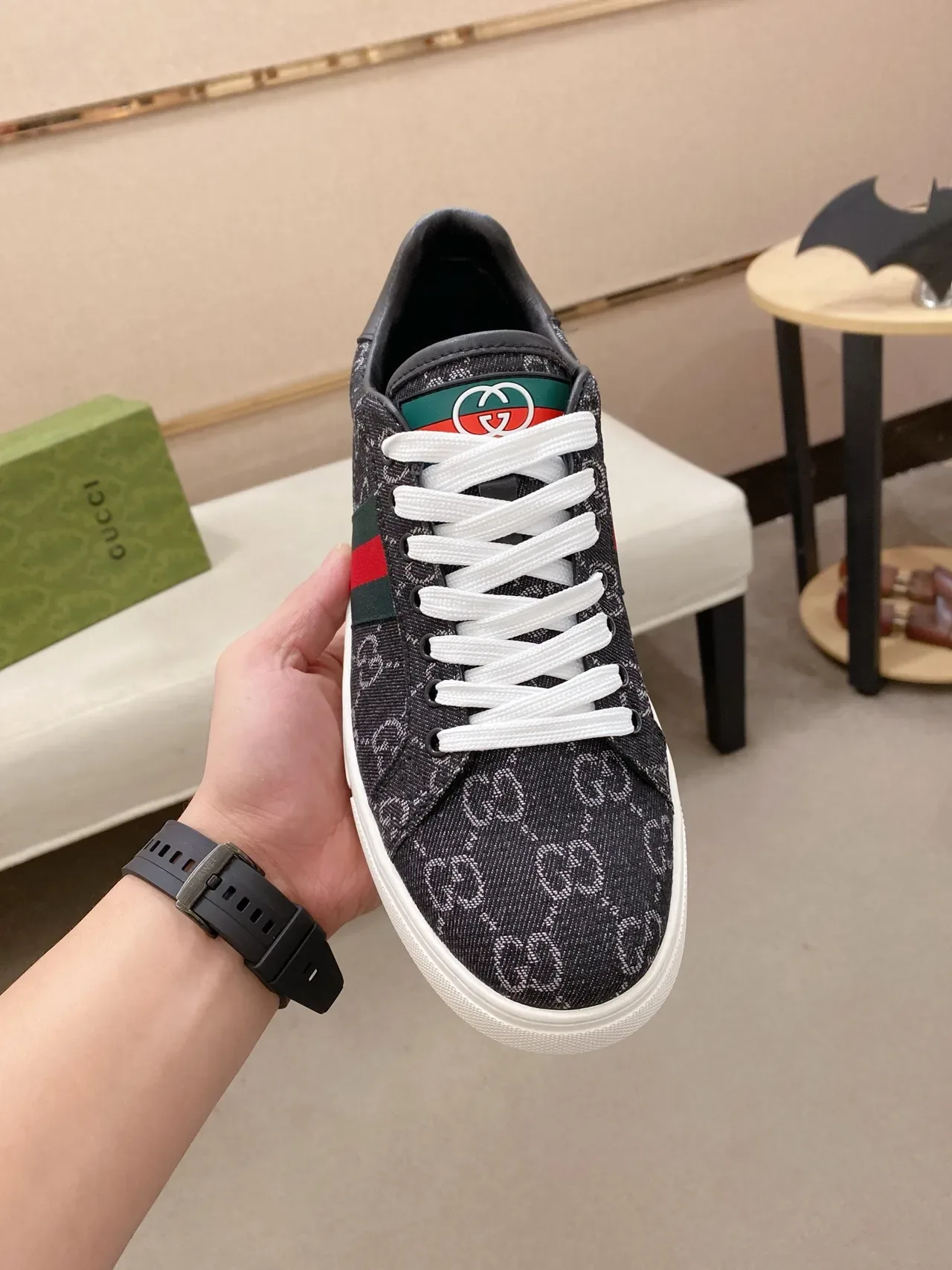 Gucci Black Green GG Monogram Canvas Web Stripe Side Panel Lifestyle Sneakers 5