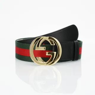 Gucci Preto Verde Interlocking G Buckle Web Stripe Canvas Center Leather Belt