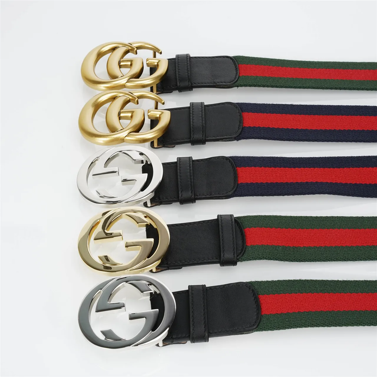 Gucci Black Green Interlocking G Buckle Web Stripe Canvas Center Leather Belt 3