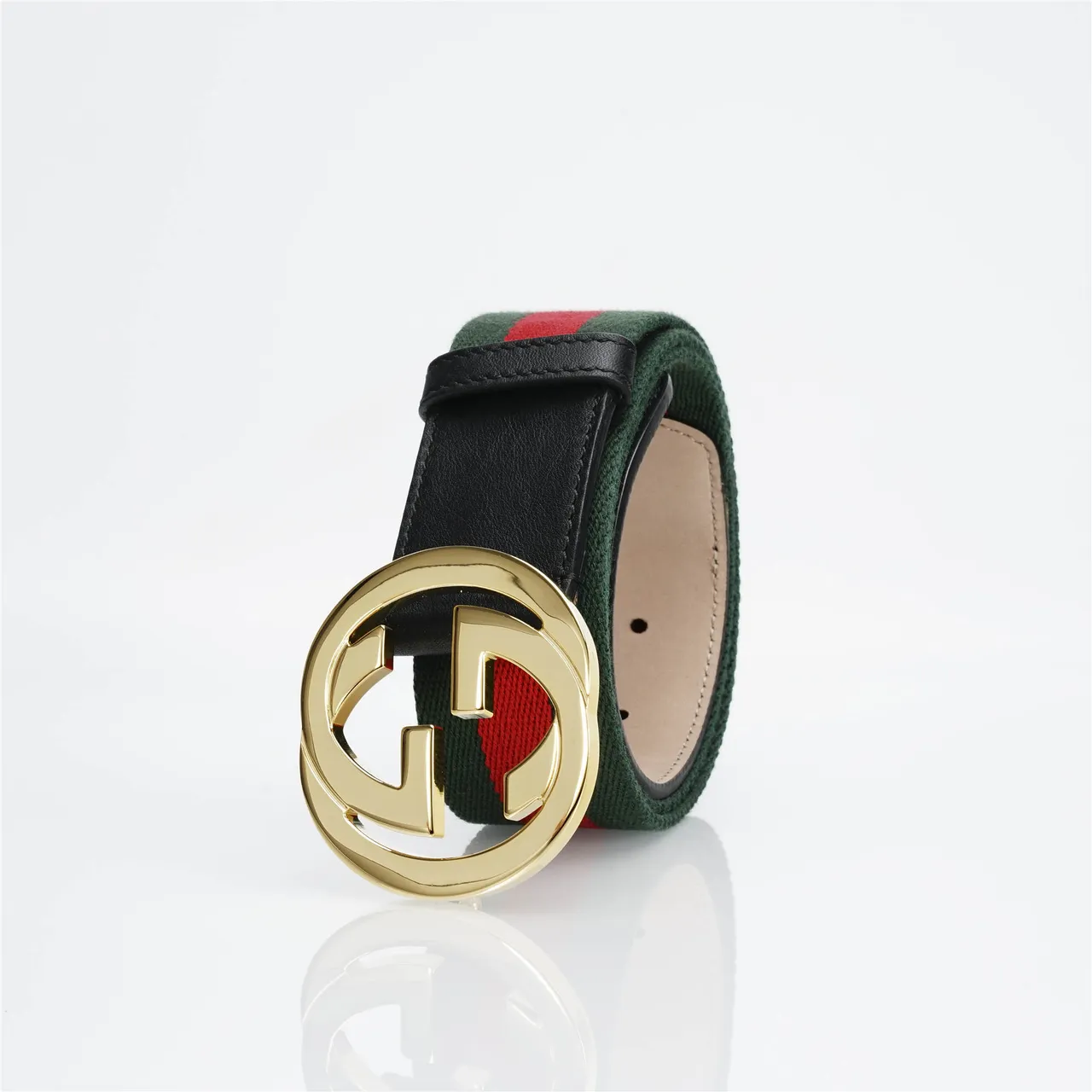 Gucci Black Green Interlocking G Buckle Web Stripe Canvas Center Leather Belt 7