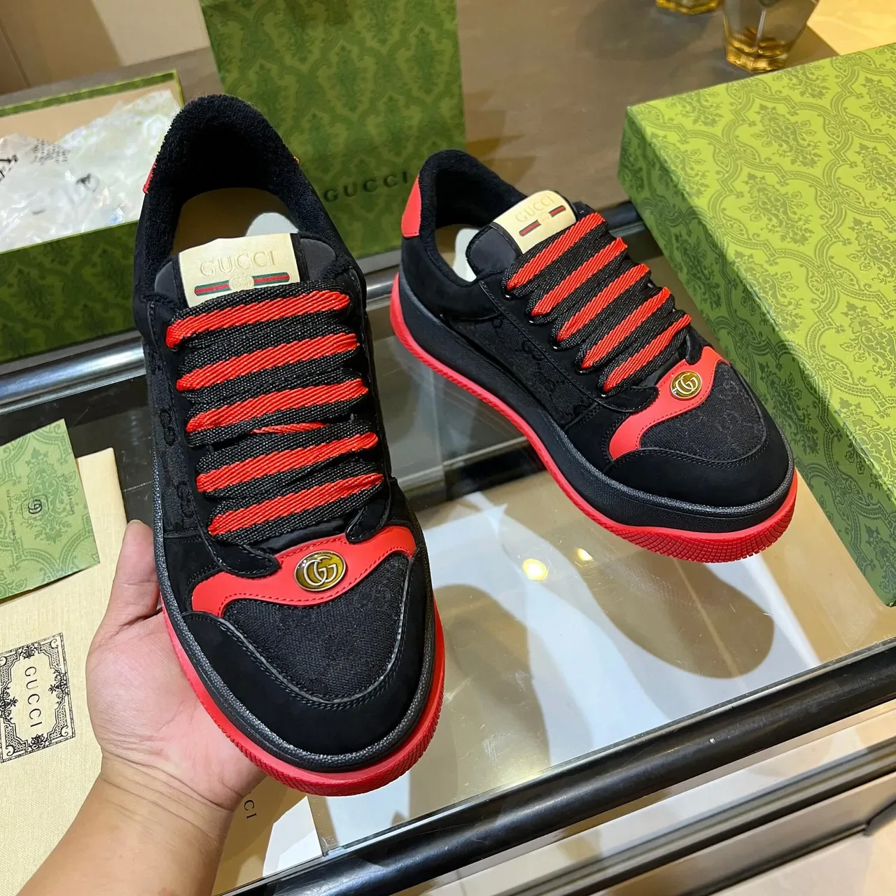Gucci Black Red Platform Sole Suede And Coated Canvas Upper Chunky Sneakers 2