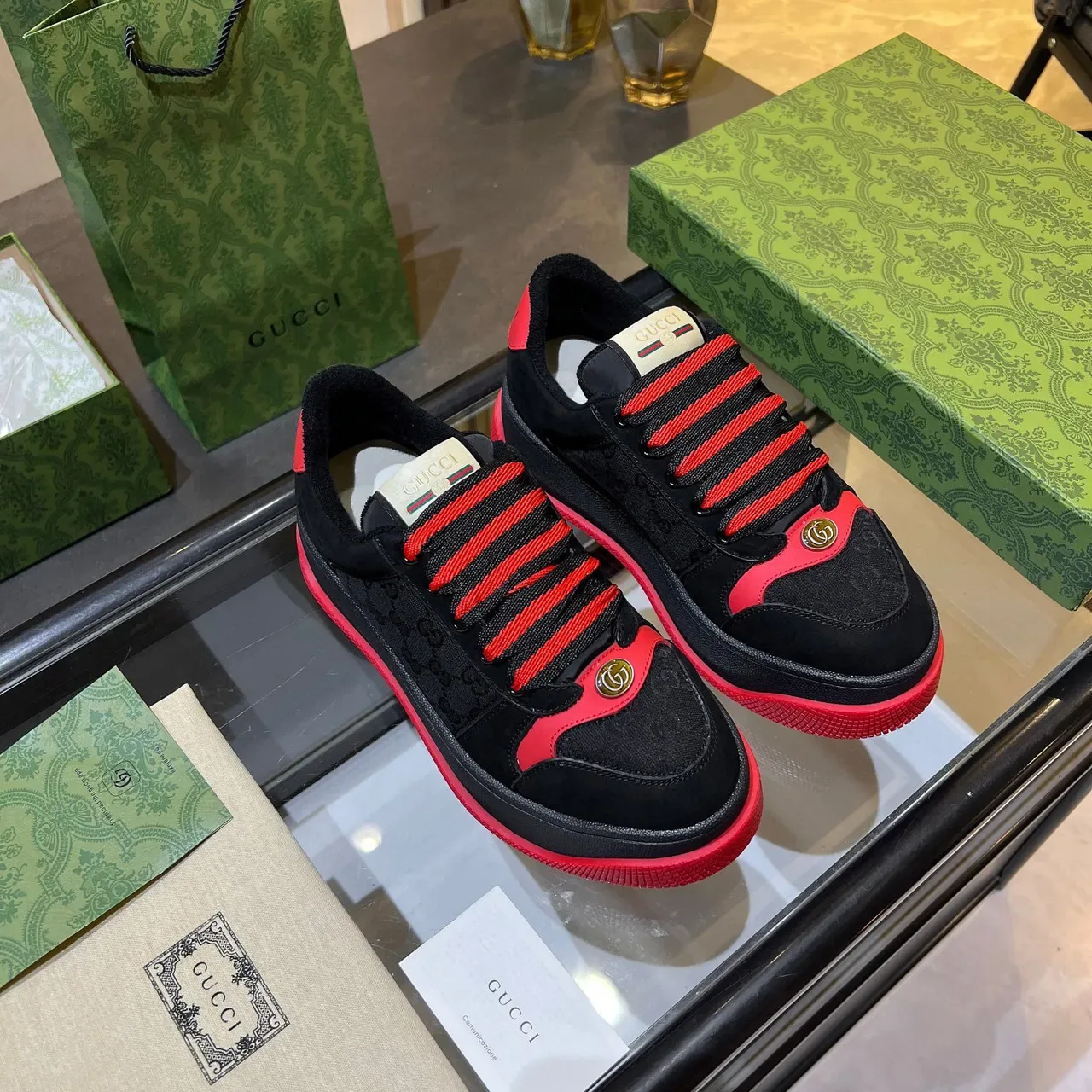 Gucci Black Red Platform Sole Suede And Coated Canvas Upper Chunky Sneakers 3