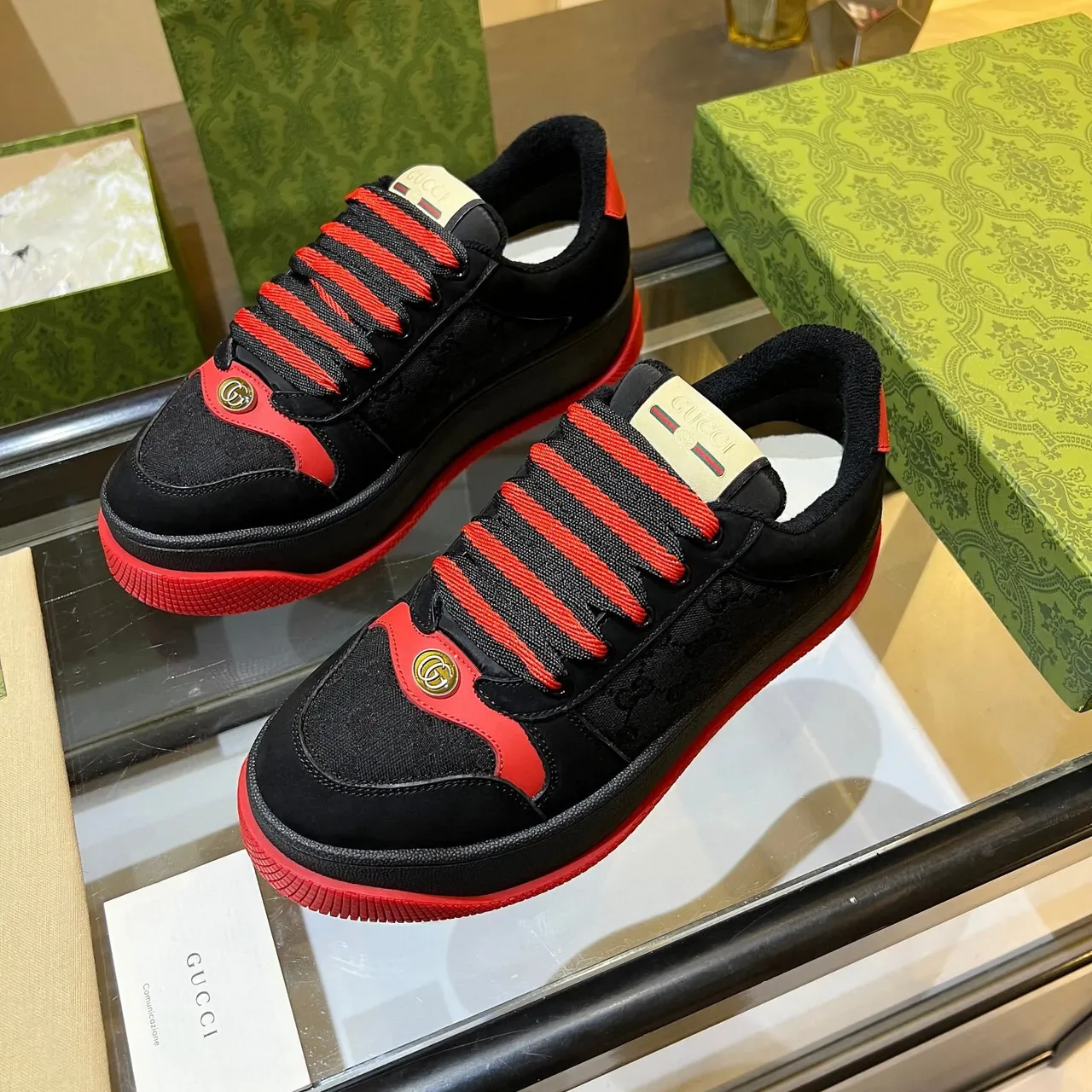 Gucci Black Red Platform Sole Suede And Coated Canvas Upper Chunky Sneakers 4