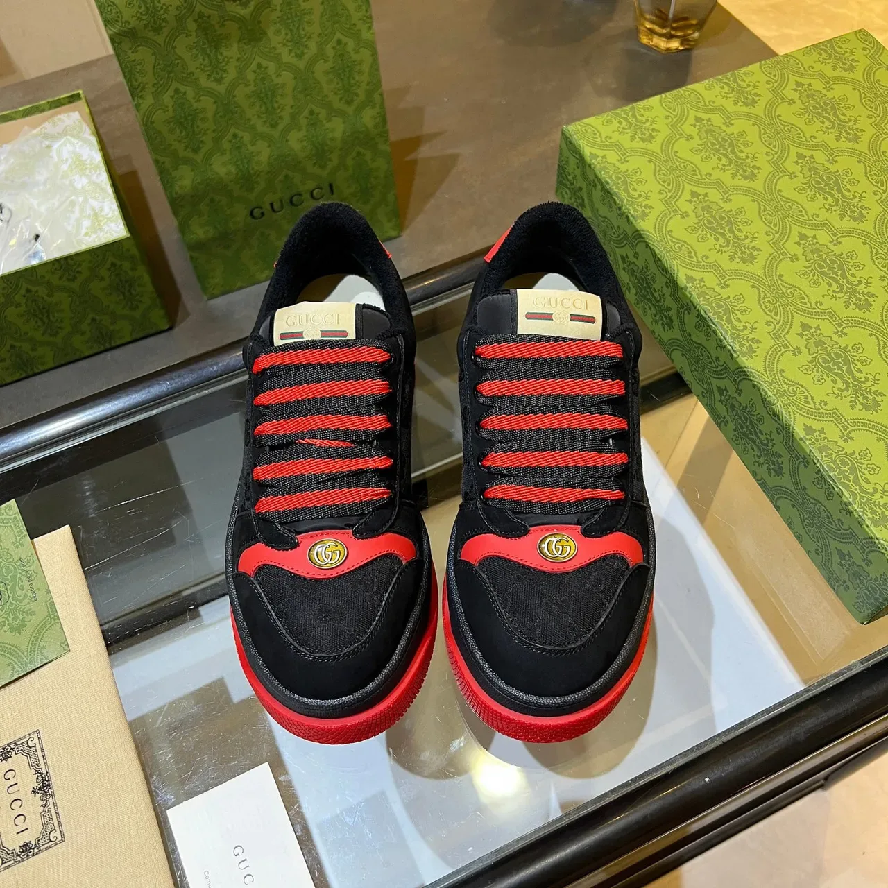 Gucci Black Red Platform Sole Suede And Coated Canvas Upper Chunky Sneakers 5