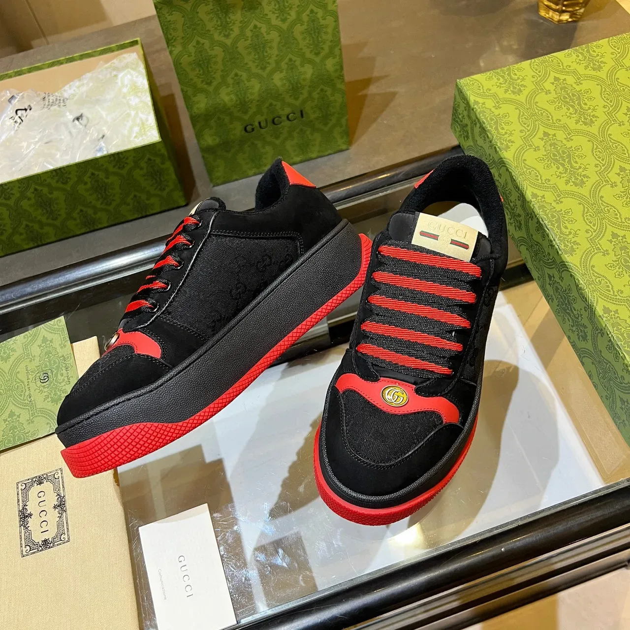 Gucci Black Red Platform Sole Suede And Coated Canvas Upper Chunky Sneakers 7